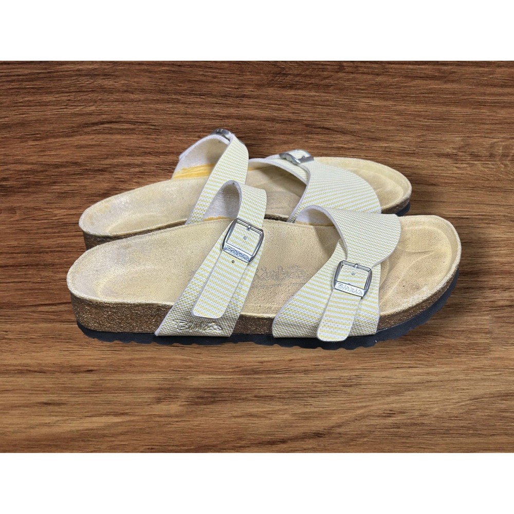 Birkis Birkenstock Aziza Striped Buckle Sandals Yellow Womens Size 8 Euro 39